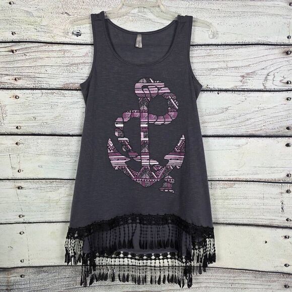 Vanity Gray Anchor Fringe Tank Top Size S - Picture 1 of 6